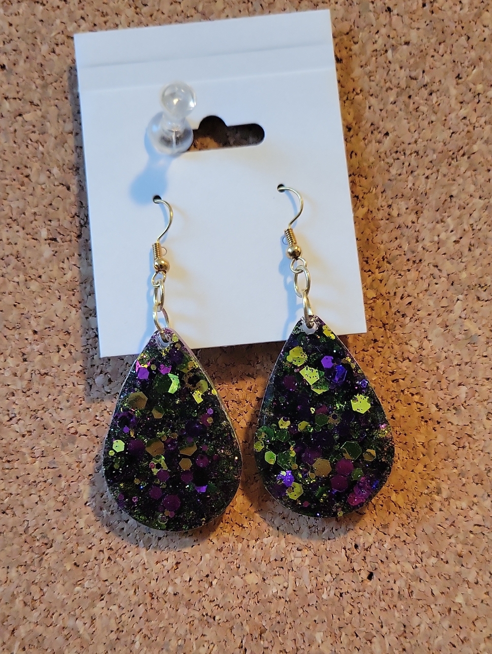 Teardrop Glitter Resin Earrings in Black, Purple & Green